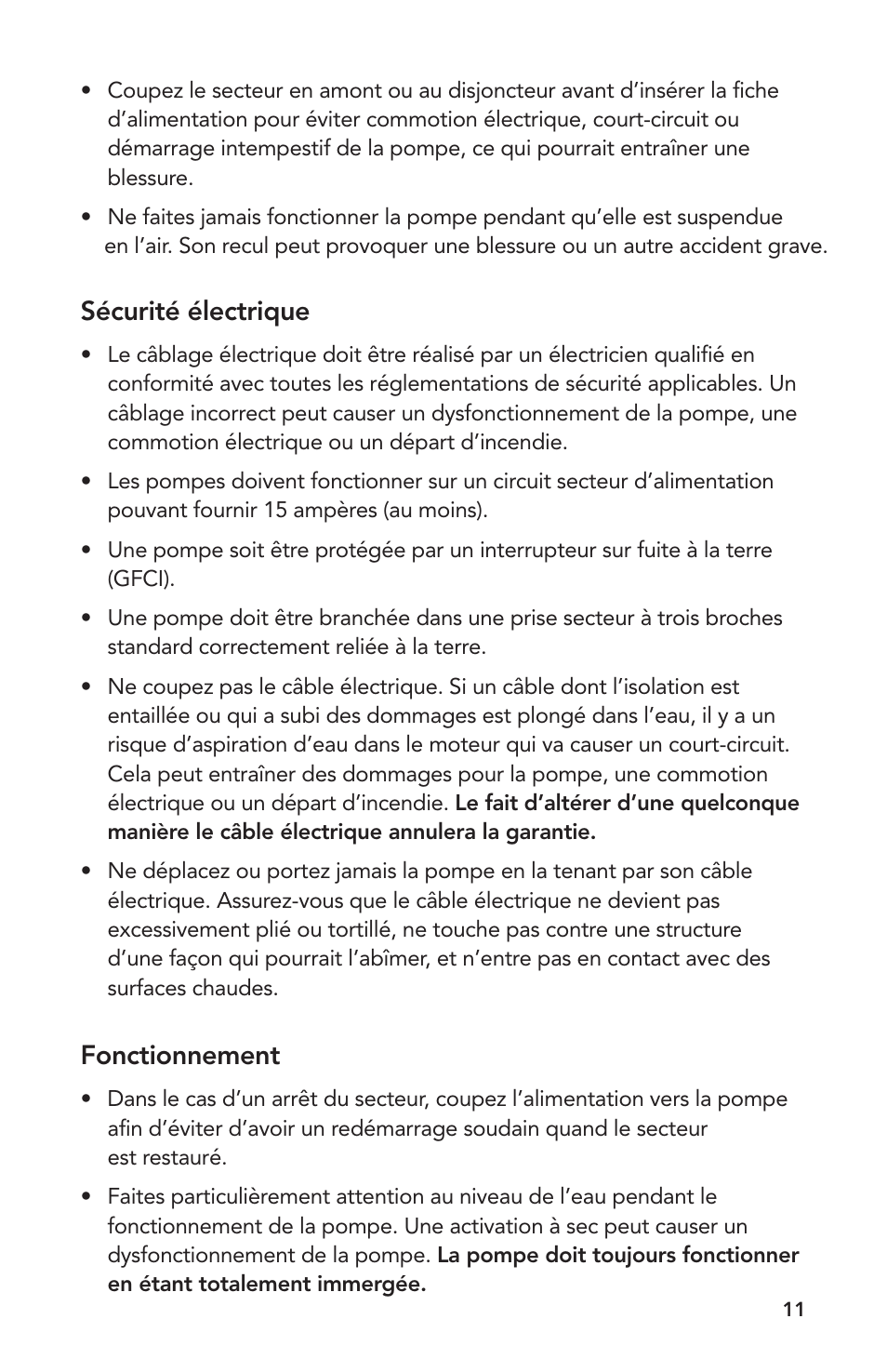 Sécurité électrique, Fonctionnement | Atlantic Water Gardens A-05 User Manual | Page 11 / 24