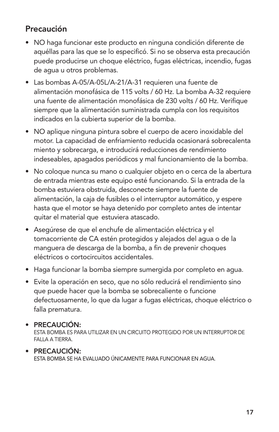 Precaución | Atlantic Water Gardens A-05 User Manual | Page 17 / 24