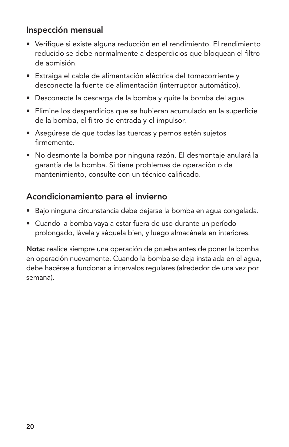 Inspección mensual, Acondicionamiento para el invierno | Atlantic Water Gardens A-05 User Manual | Page 20 / 24