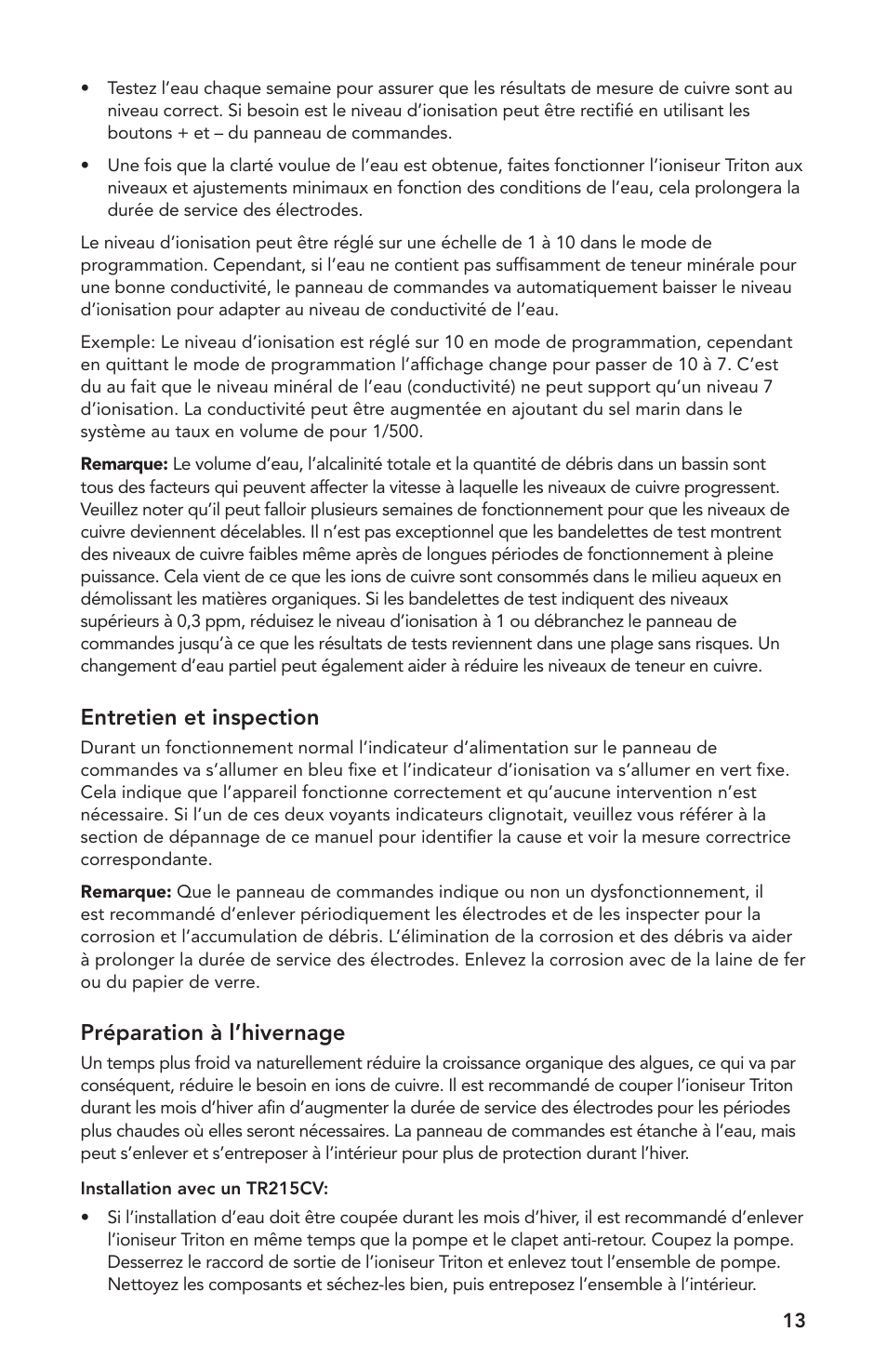 Entretien et inspection, Préparation à l’hivernage | Atlantic Water Gardens TRION2 User Manual | Page 13 / 24