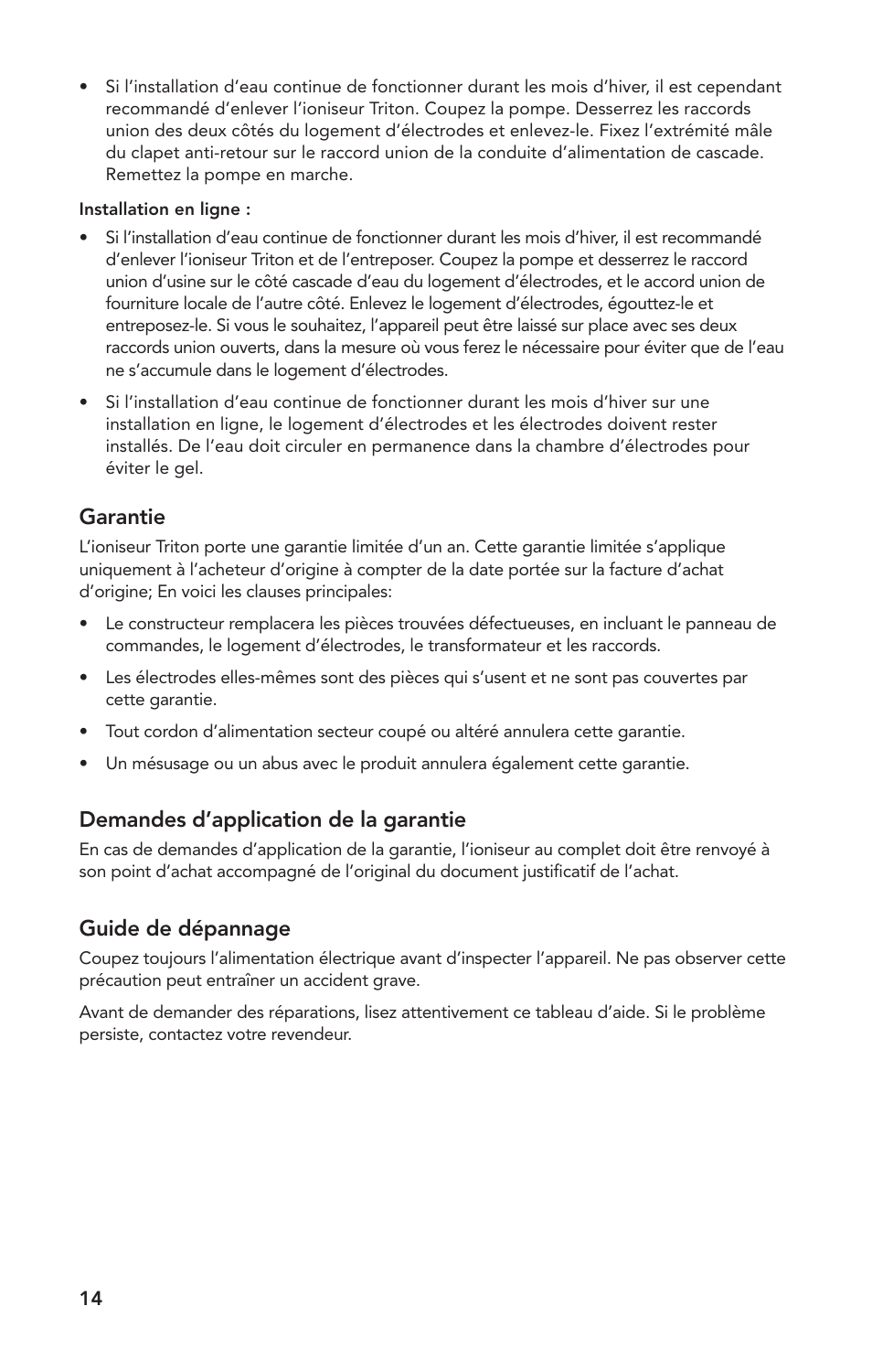 Garantie, Demandes d’application de la garantie, Guide de dépannage | Atlantic Water Gardens TRION2 User Manual | Page 14 / 24