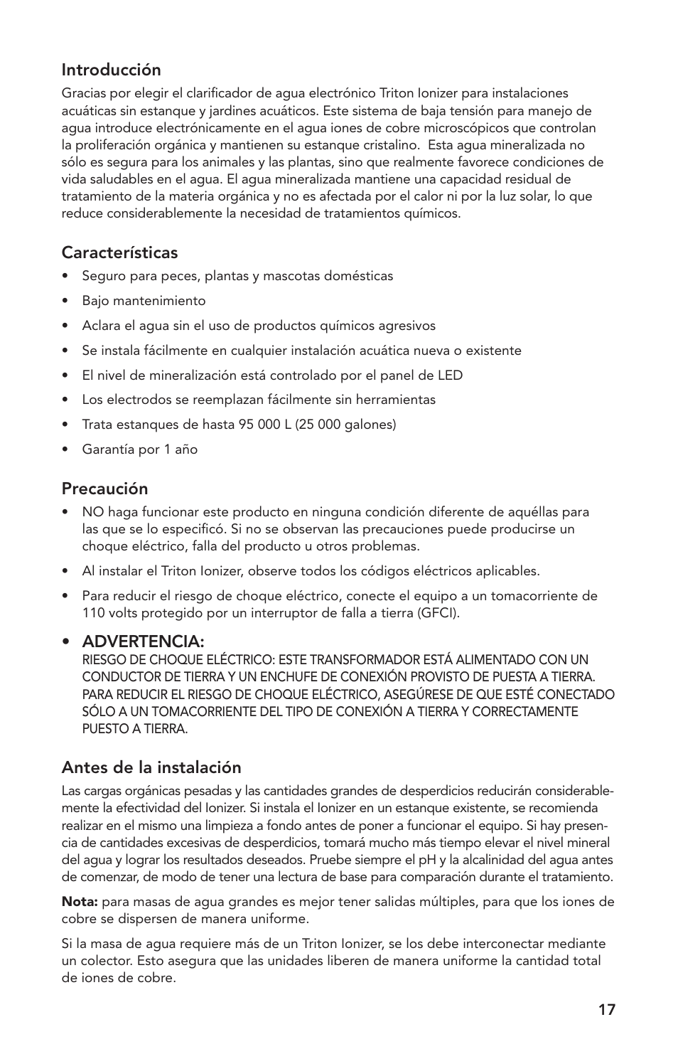 Introducción, Características, Precaución | Advertencia, Antes de la instalación | Atlantic Water Gardens TRION2 User Manual | Page 17 / 24