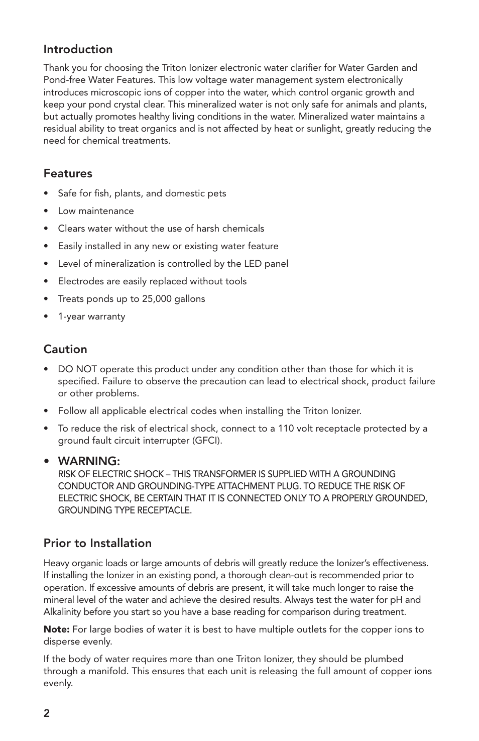 Introduction, Features, Caution | Warning, Prior to installation | Atlantic Water Gardens TRION2 User Manual | Page 2 / 24