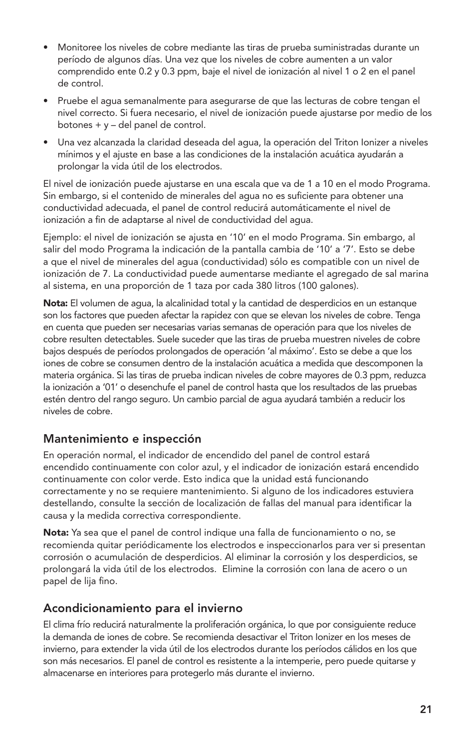 Mantenimiento e inspección, Acondicionamiento para el invierno | Atlantic Water Gardens TRION2 User Manual | Page 21 / 24