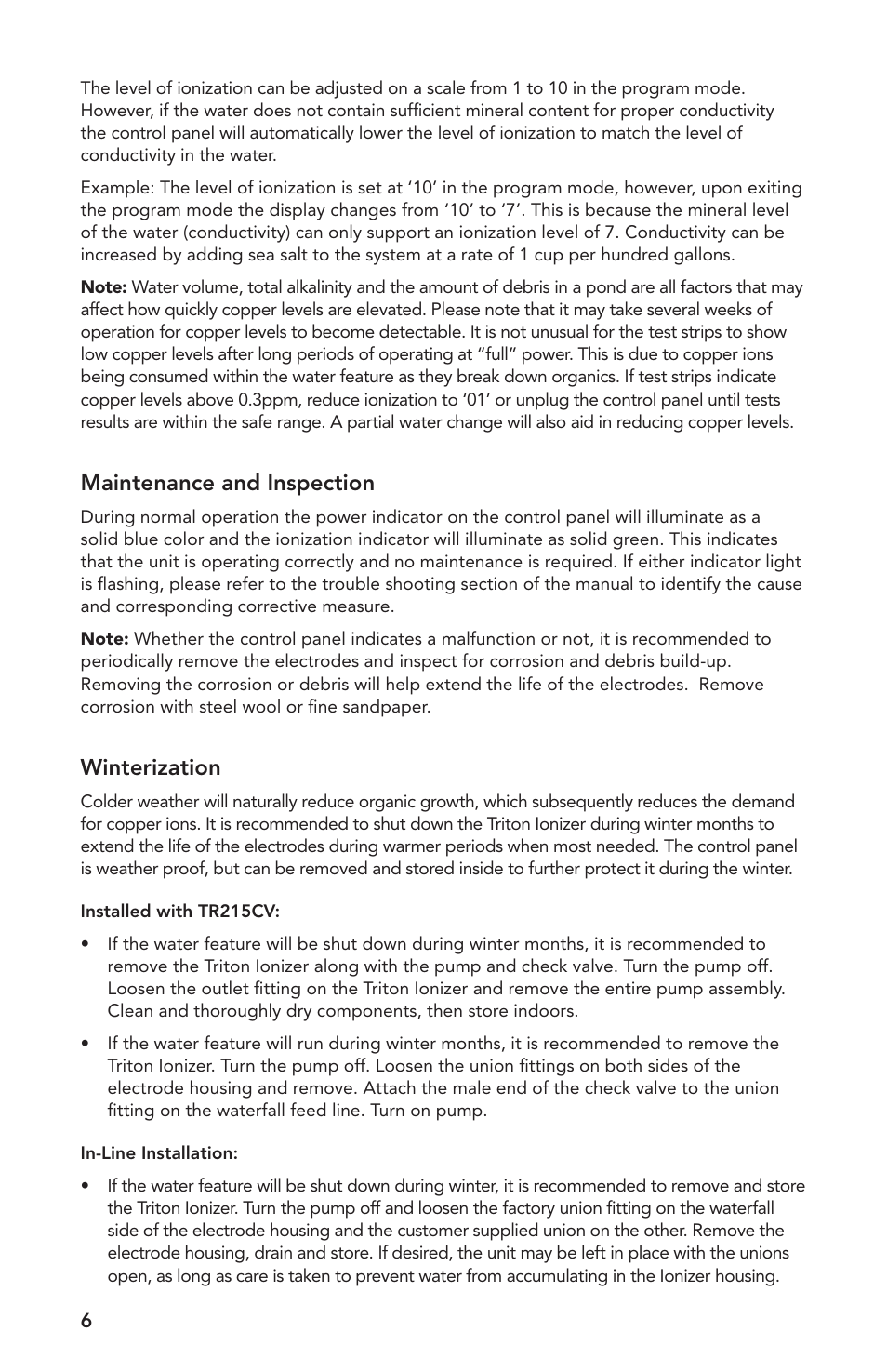 Maintenance and inspection, Winterization | Atlantic Water Gardens TRION2 User Manual | Page 6 / 24