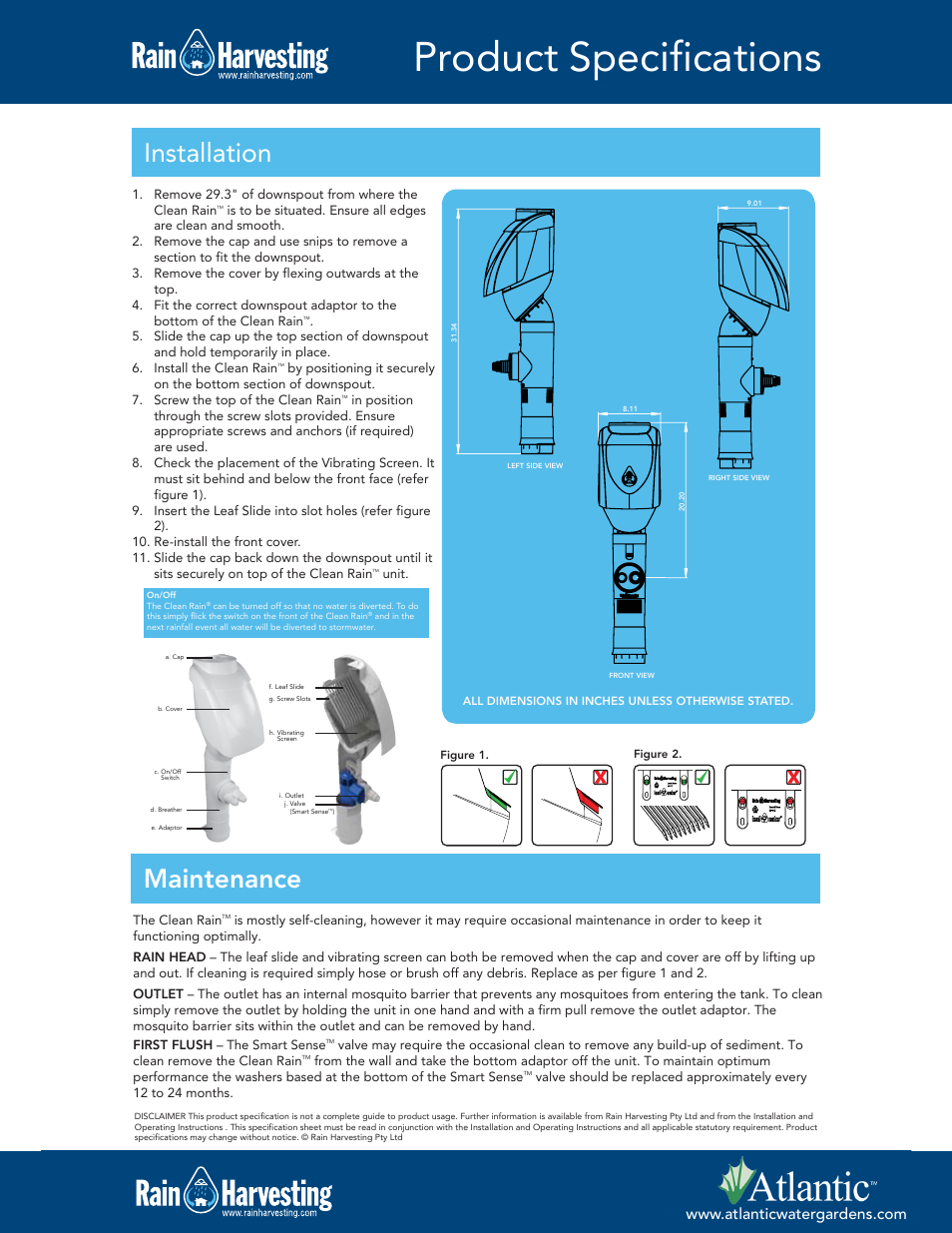 Product specifications, Maintenance installation | Atlantic Water Gardens RHCRU User Manual | Page 2 / 2