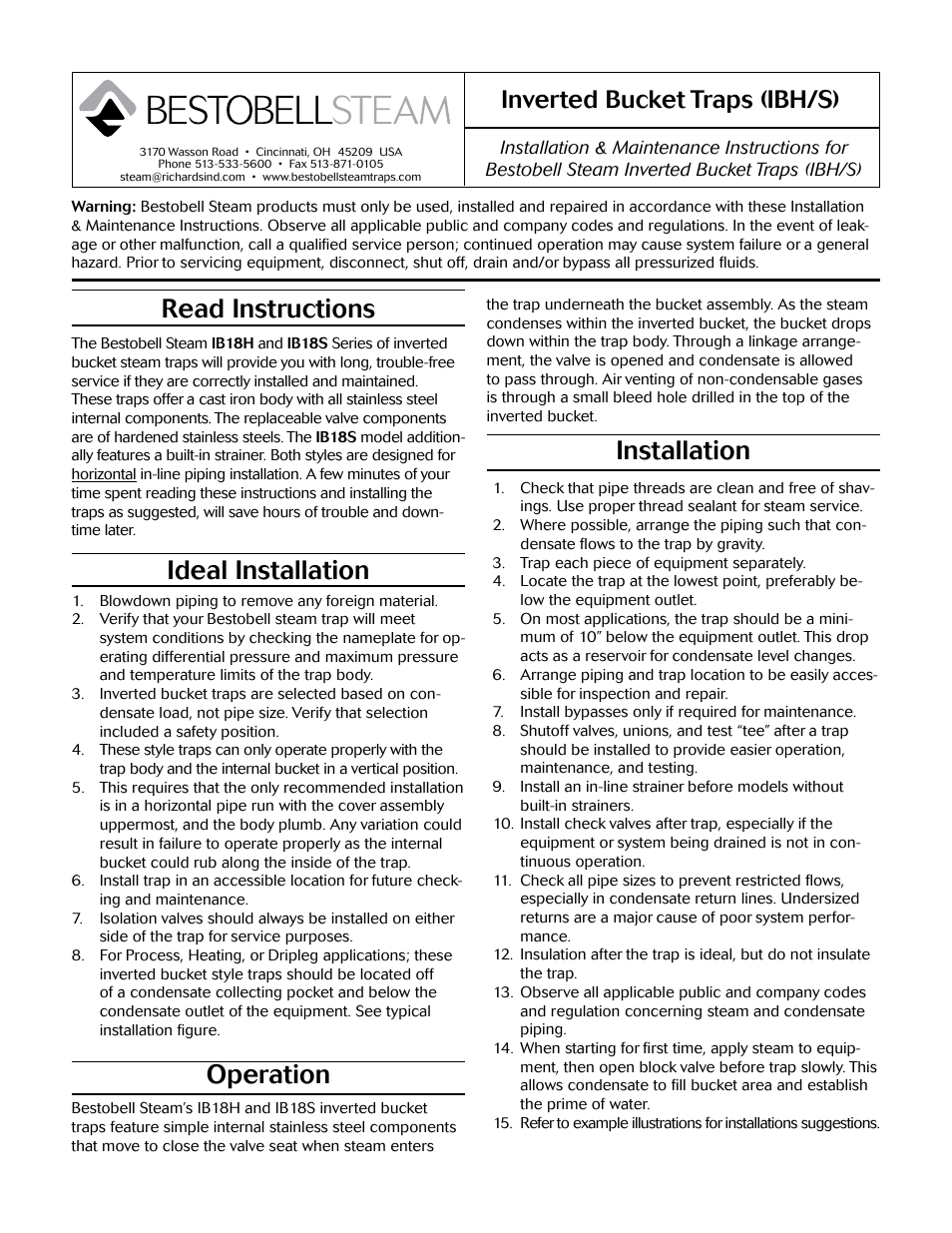 Bestobell Steam IB18H Series Horizontal Bucket Trap User Manual | 2 pages