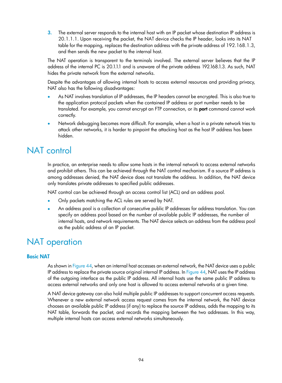 Nat control, Nat operation, Basic nat | H3C Technologies H3C S12500 Series Switches User Manual | Page 108 / 249