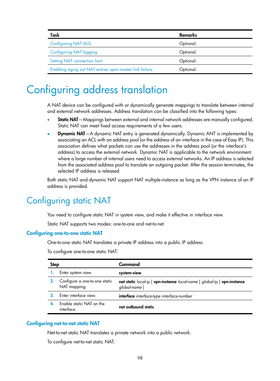 Configuring address translation, Configuring static nat, Configuring one-to-one static nat | Configuring net-to-net static nat | H3C Technologies H3C S12500 Series Switches User Manual | Page 112 / 249