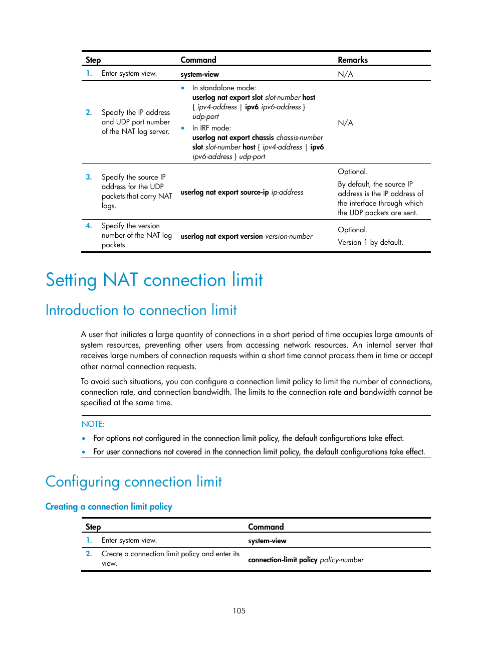 Setting nat connection limit, Introduction to connection limit, Configuring connection limit | Creating a connection limit policy | H3C Technologies H3C S12500 Series Switches User Manual | Page 119 / 249