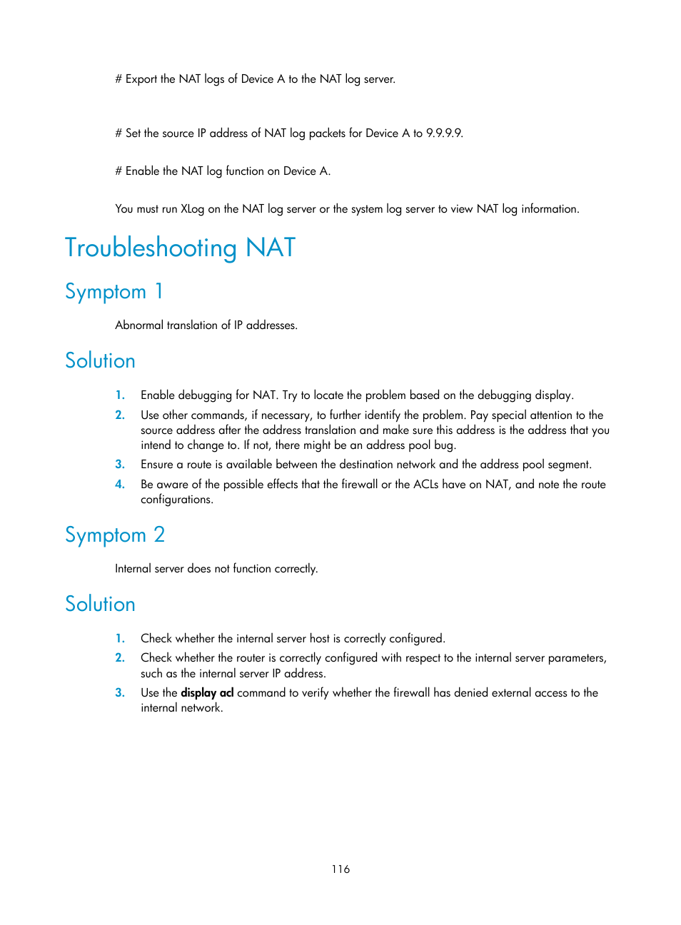 Troubleshooting nat, Symptom 1, Solution | Symptom 2 | H3C Technologies H3C S12500 Series Switches User Manual | Page 130 / 249