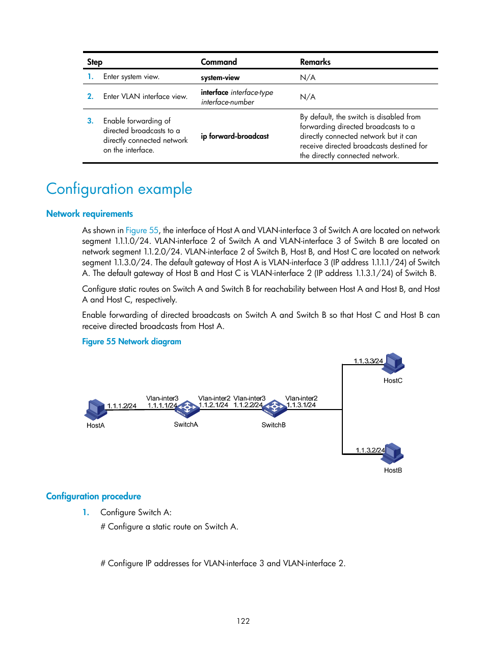 Configuration example, Network requirements, Configuration procedure | H3C Technologies H3C S12500 Series Switches User Manual | Page 136 / 249