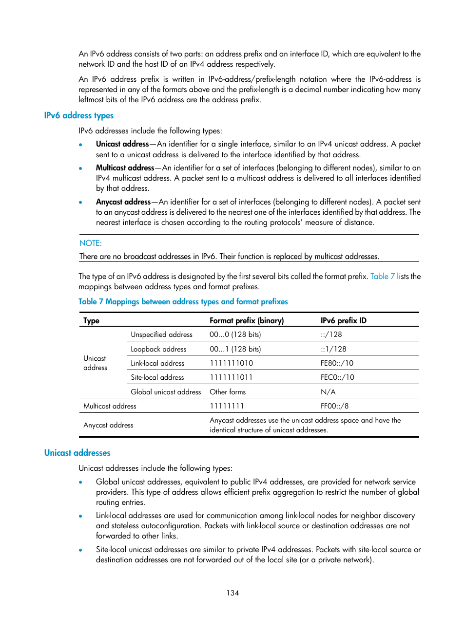 Ipv6 address types, Unicast addresses | H3C Technologies H3C S12500 Series Switches User Manual | Page 148 / 249