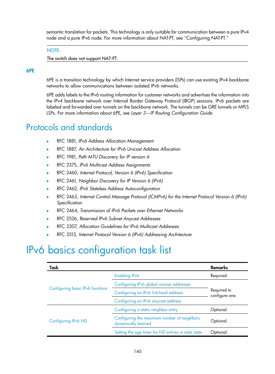 Protocols and standards, Ipv6 basics configuration task list | H3C Technologies H3C S12500 Series Switches User Manual | Page 154 / 249