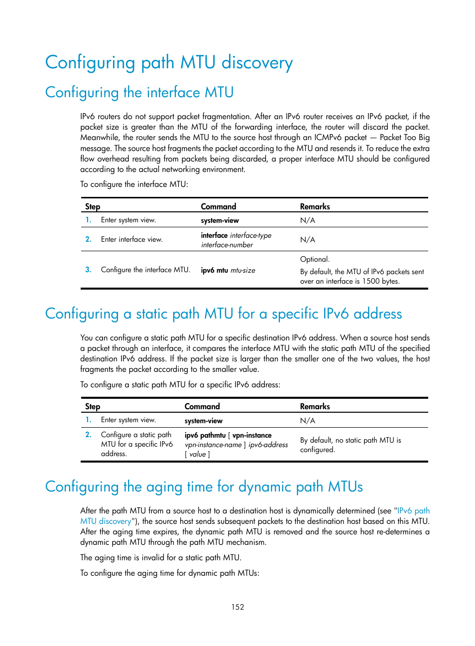 Configuring path mtu discovery, Configuring the interface mtu, Configuring the aging time for dynamic path mtus | H3C Technologies H3C S12500 Series Switches User Manual | Page 166 / 249