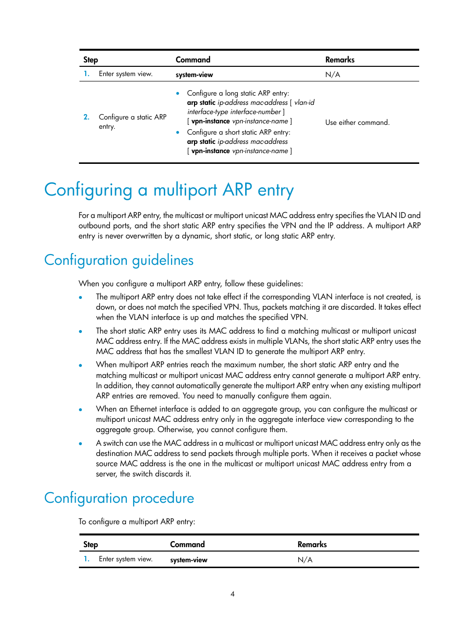 Configuring a multiport arp entry, Configuration guidelines, Configuration procedure | H3C Technologies H3C S12500 Series Switches User Manual | Page 18 / 249