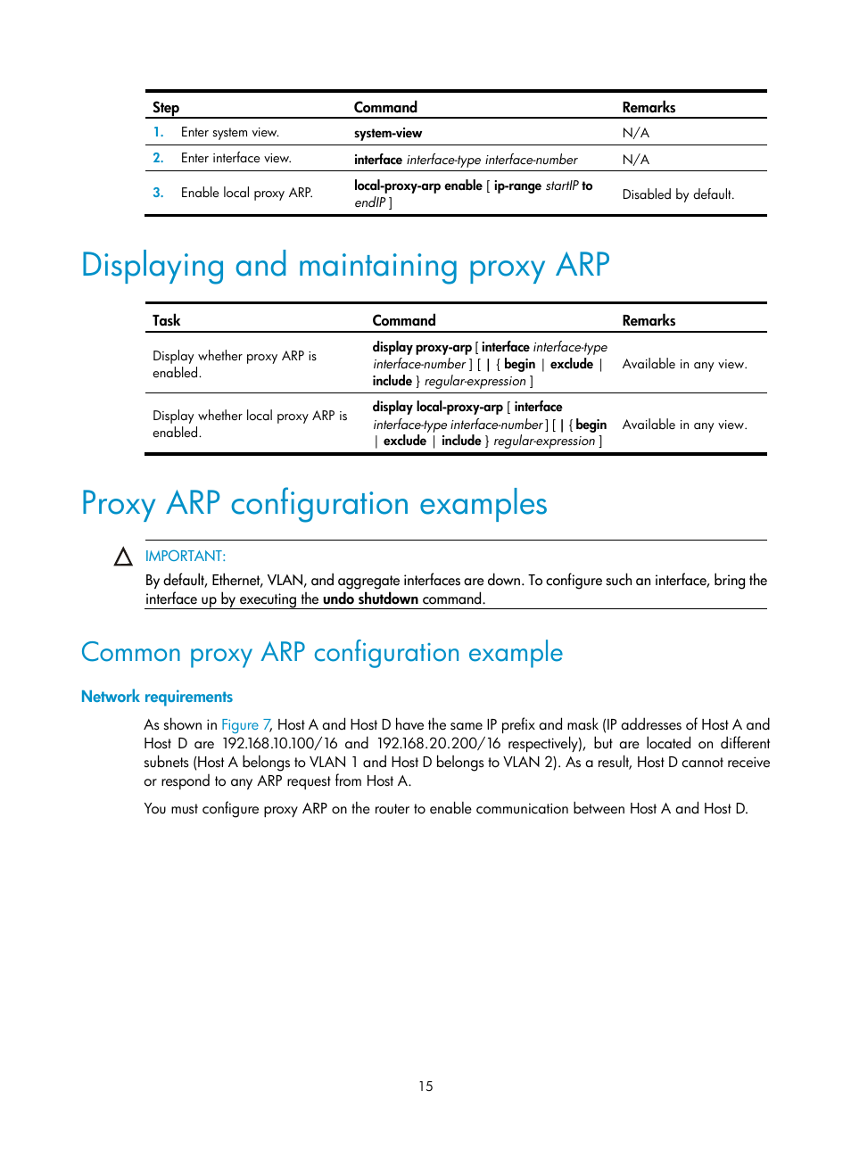 Displaying and maintaining proxy arp, Proxy arp configuration examples, Common proxy arp configuration example | Network requirements | H3C Technologies H3C S12500 Series Switches User Manual | Page 29 / 249