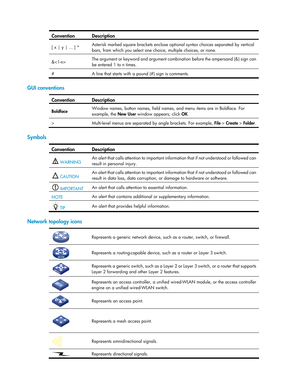 Gui conventions, Symbols, Network topology icons | H3C Technologies H3C S12500 Series Switches User Manual | Page 4 / 249