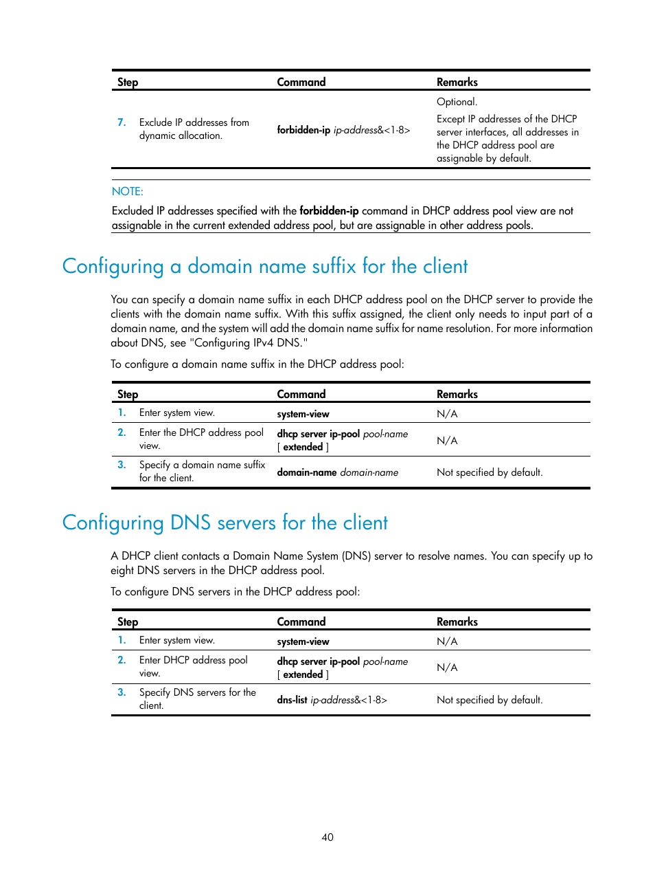 Configuring a domain name suffix for the client, Configuring dns servers for the client | H3C Technologies H3C S12500 Series Switches User Manual | Page 54 / 249