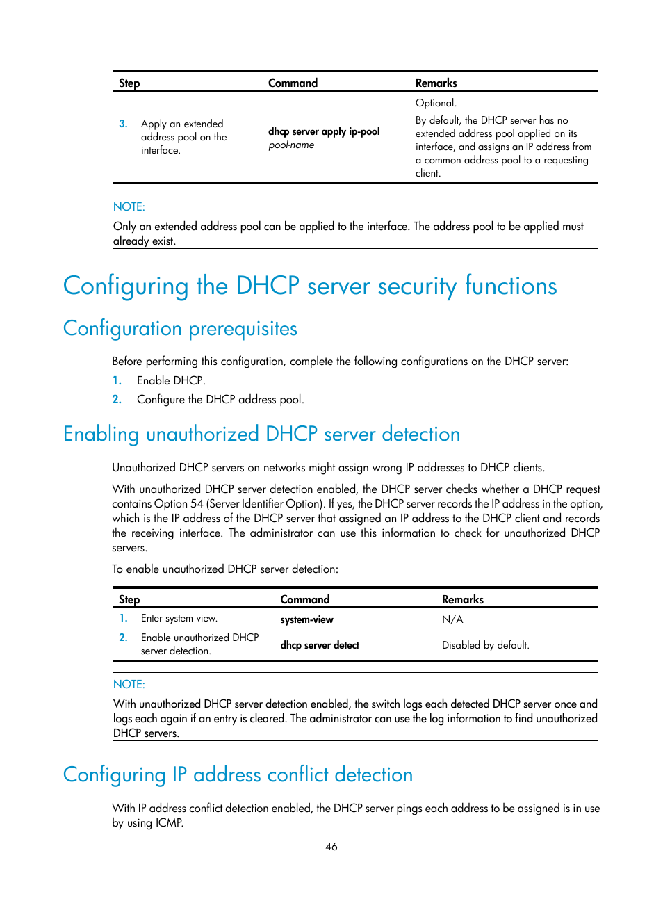 Configuring the dhcp server security functions, Configuration prerequisites, Enabling unauthorized dhcp server detection | Configuring ip address conflict detection | H3C Technologies H3C S12500 Series Switches User Manual | Page 60 / 249