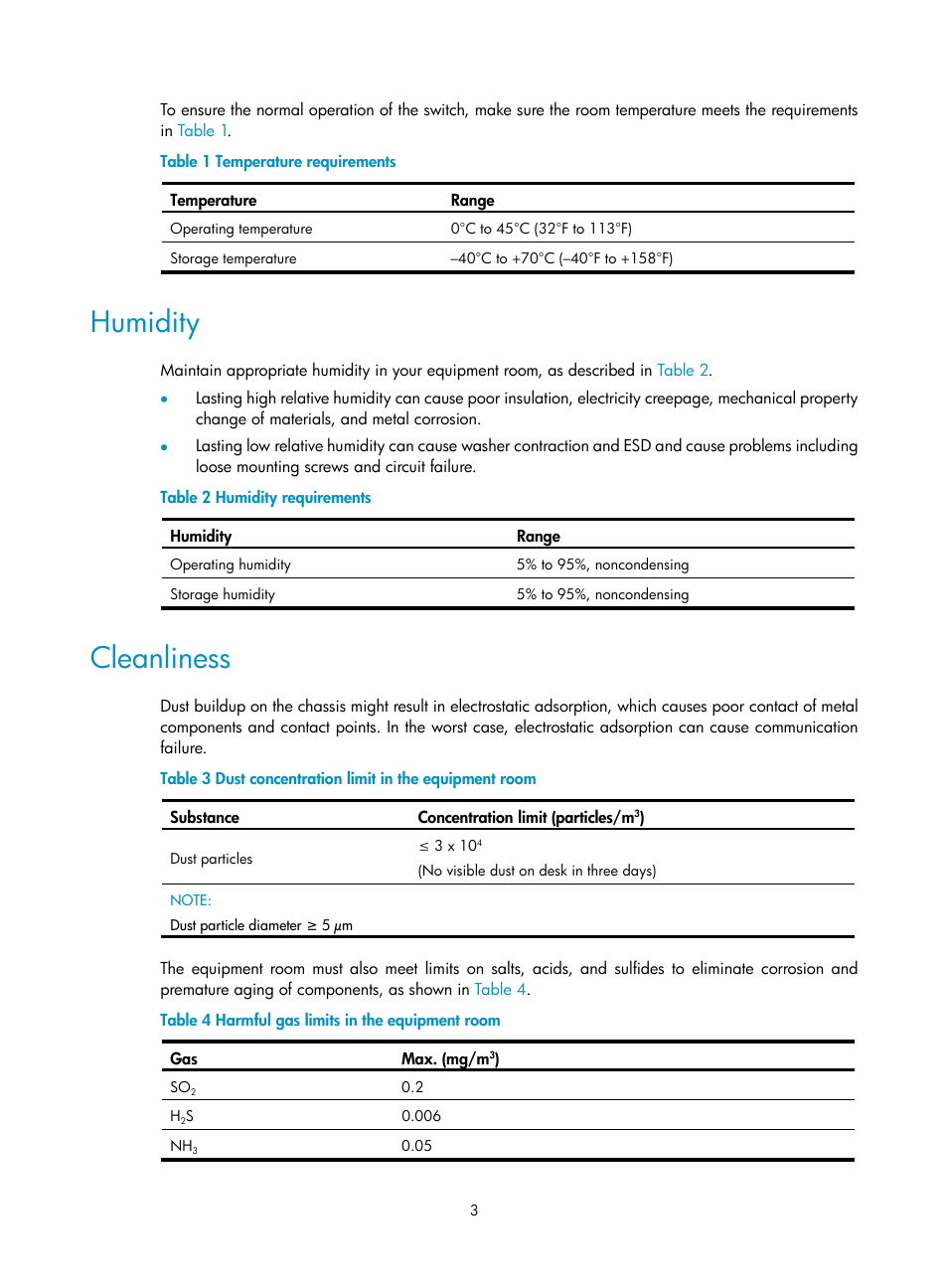 Humidity, Cleanliness | H3C Technologies H3C S12500-X Series Switches User Manual | Page 11 / 162