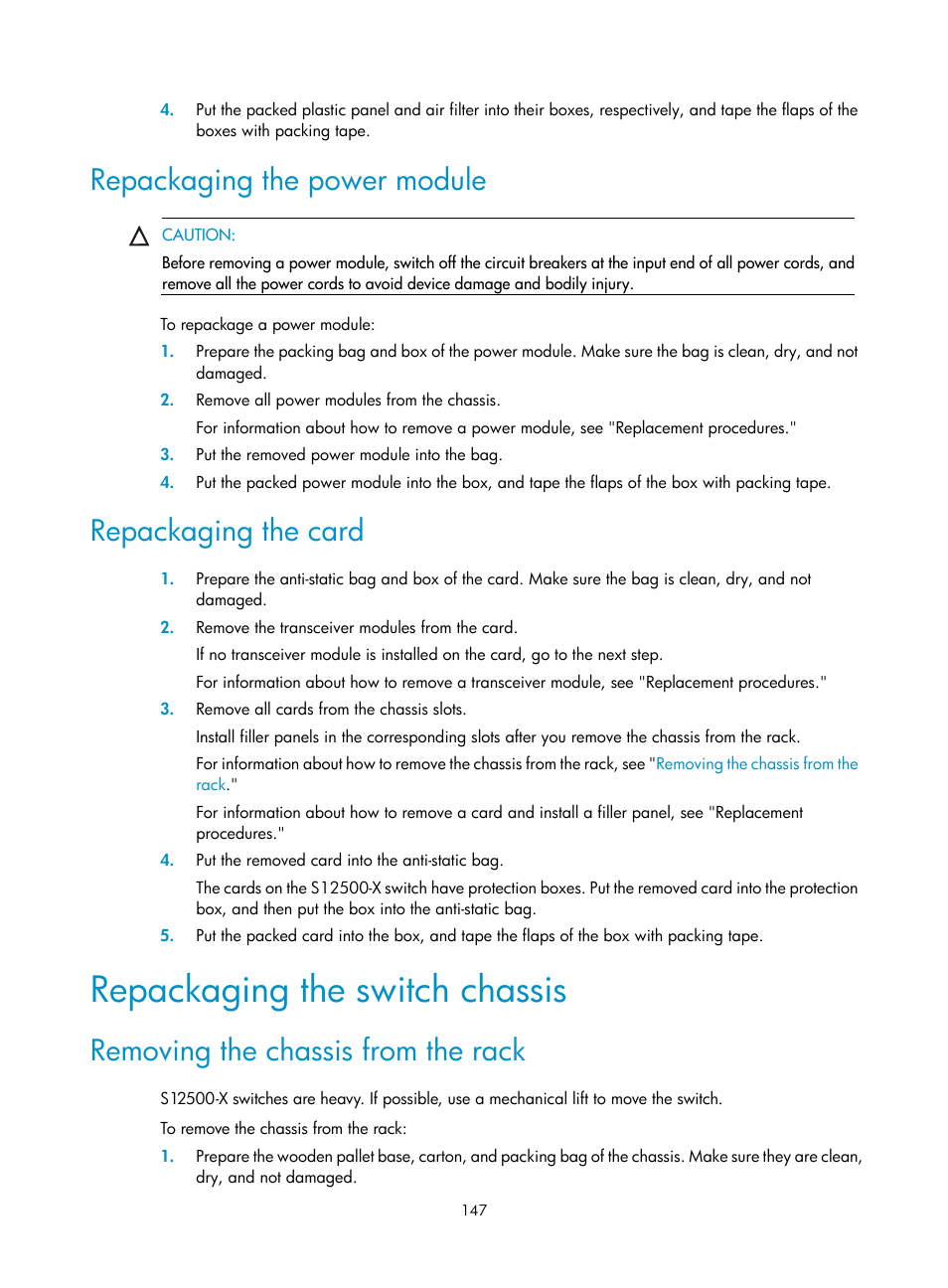 Repackaging the power module, Repackaging the card, Repackaging the switch chassis | Removing the chassis from the rack | H3C Technologies H3C S12500-X Series Switches User Manual | Page 155 / 162