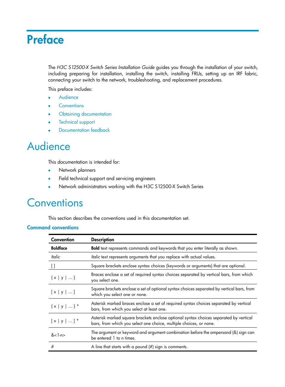 Preface, Audience, Conventions | Command conventions | H3C Technologies H3C S12500-X Series Switches User Manual | Page 3 / 162