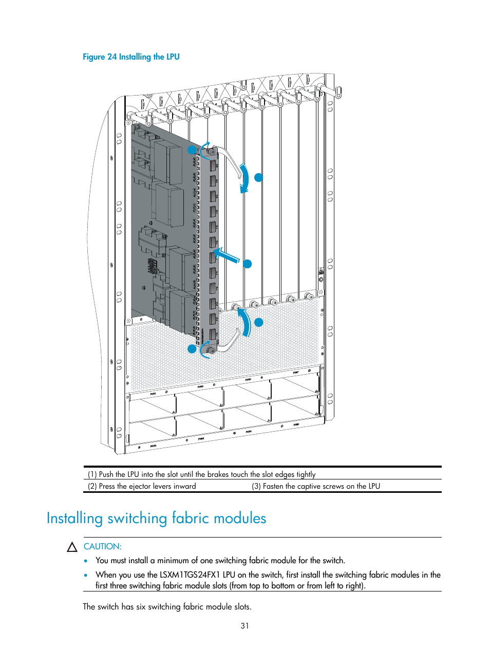 Installing switching fabric modules, Ut 1 in, Figure 24 | Pres, Ut 3 in, Fasten the c | H3C Technologies H3C S12500-X Series Switches User Manual | Page 39 / 162