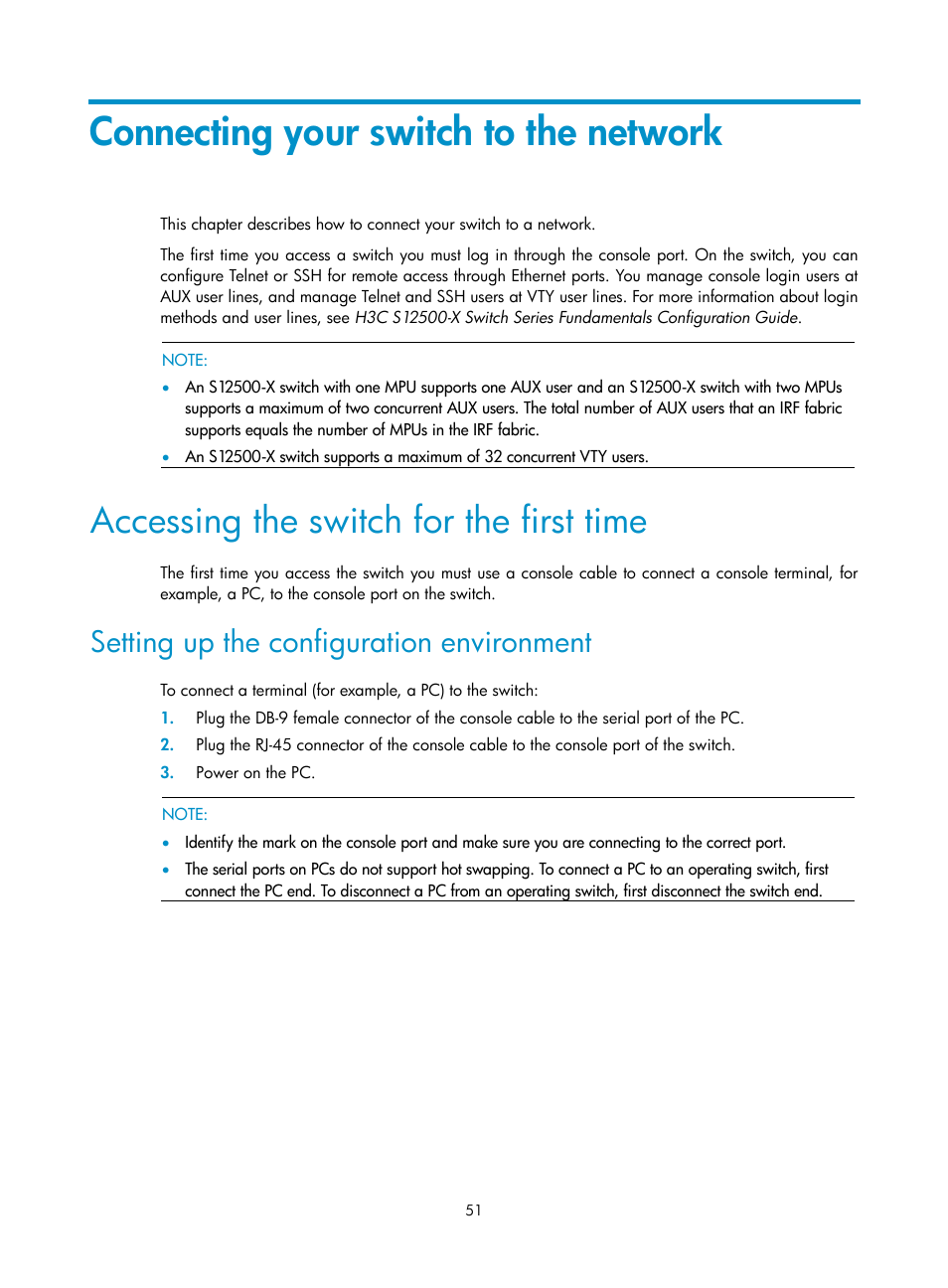 Connecting your switch to the network, Accessing the switch for the first time, Setting up the configuration environment | H3C Technologies H3C S12500-X Series Switches User Manual | Page 59 / 162