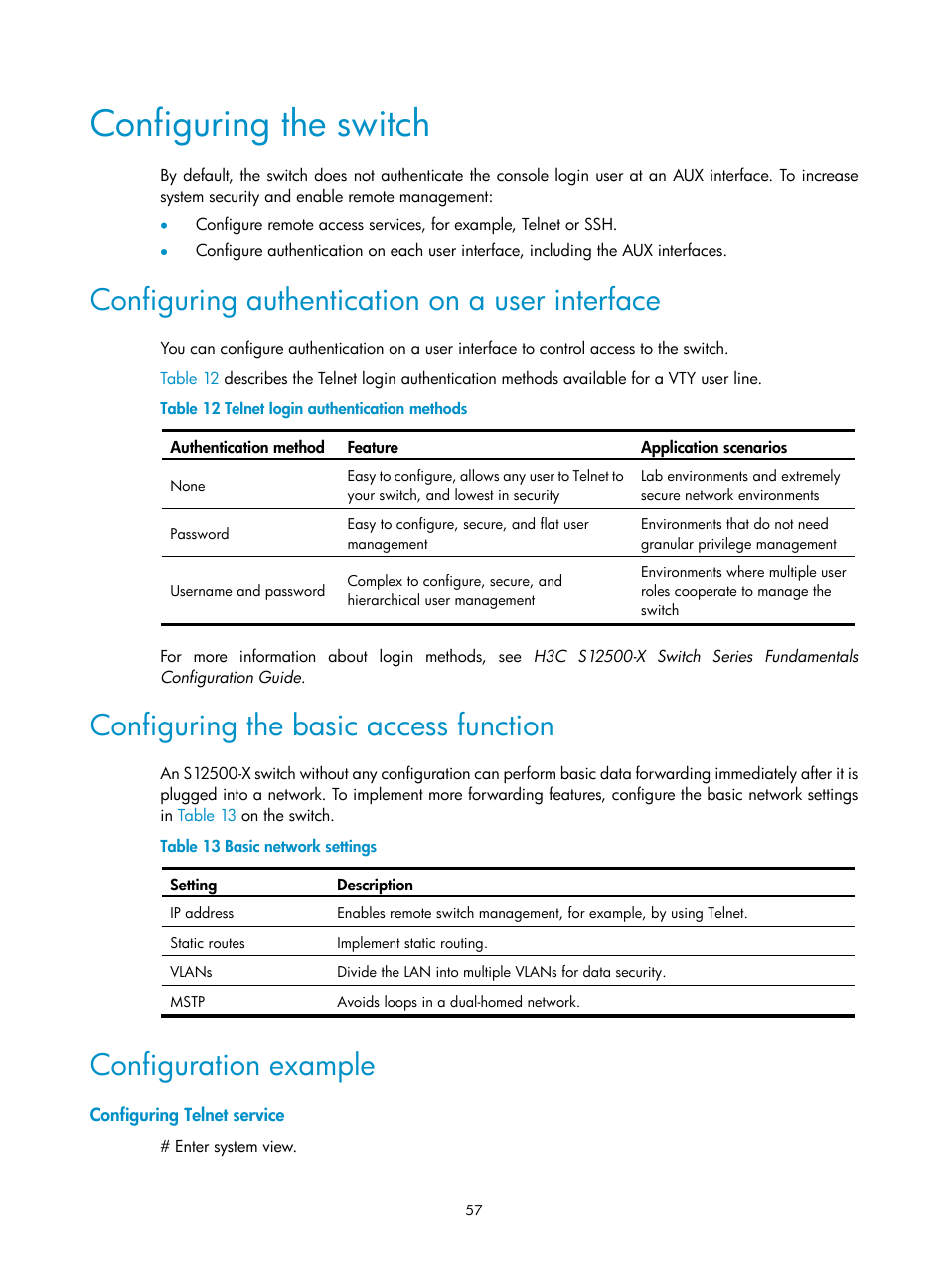 Configuring the switch, Configuring authentication on a user interface, Configuring the basic access function | Configuration example, Configuring telnet service | H3C Technologies H3C S12500-X Series Switches User Manual | Page 65 / 162