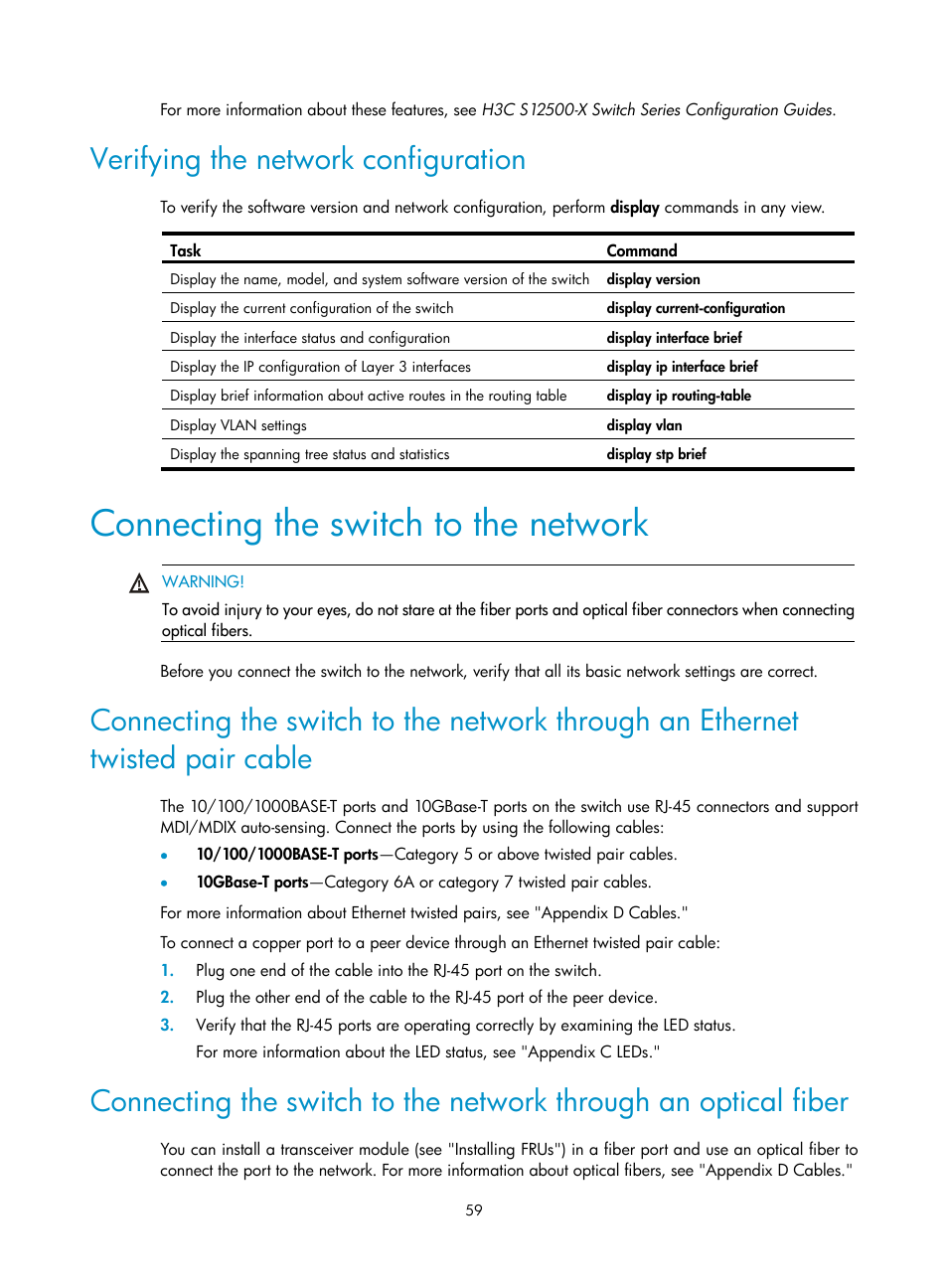 Verifying the network configuration, Connecting the switch to the network | H3C Technologies H3C S12500-X Series Switches User Manual | Page 67 / 162