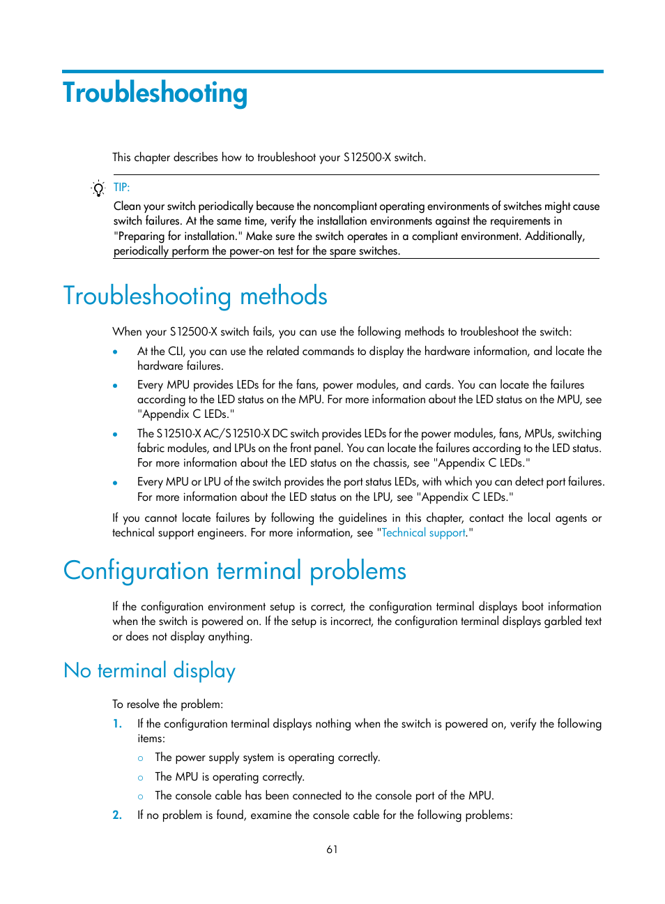 Troubleshooting, Troubleshooting methods, Configuration terminal problems | No terminal display | H3C Technologies H3C S12500-X Series Switches User Manual | Page 69 / 162