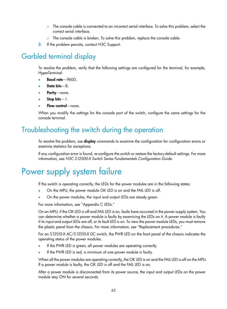 Garbled terminal display, Troubleshooting the switch during the operation, Power supply system failure | H3C Technologies H3C S12500-X Series Switches User Manual | Page 70 / 162