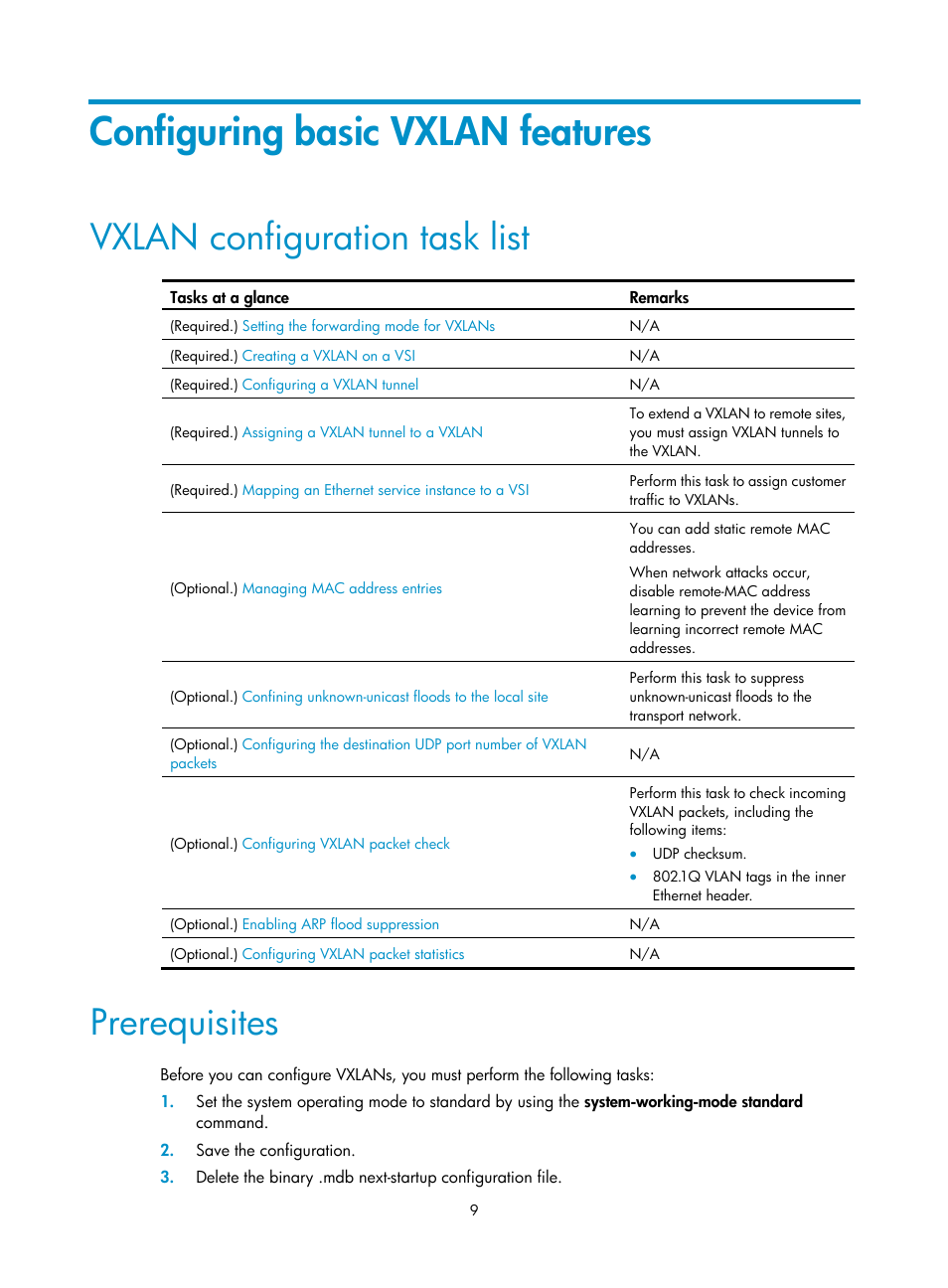 Configuring basic vxlan features, Vxlan configuration task list, Prerequisites | H3C Technologies H3C S12500-X Series Switches User Manual | Page 16 / 95