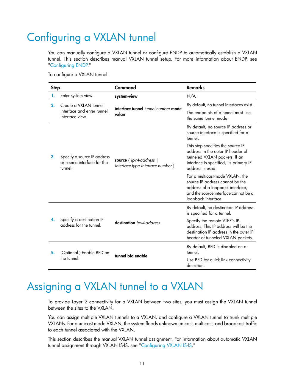 Configuring a vxlan tunnel, Assigning a vxlan tunnel to a vxlan | H3C Technologies H3C S12500-X Series Switches User Manual | Page 18 / 95
