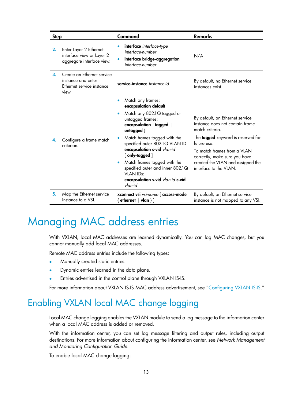 Managing mac address entries, Enabling vxlan local mac change logging | H3C Technologies H3C S12500-X Series Switches User Manual | Page 20 / 95