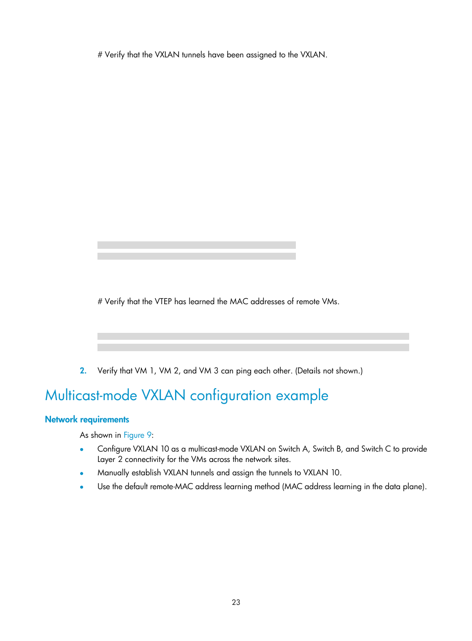 Multicast-mode vxlan configuration example, Network requirements | H3C Technologies H3C S12500-X Series Switches User Manual | Page 30 / 95