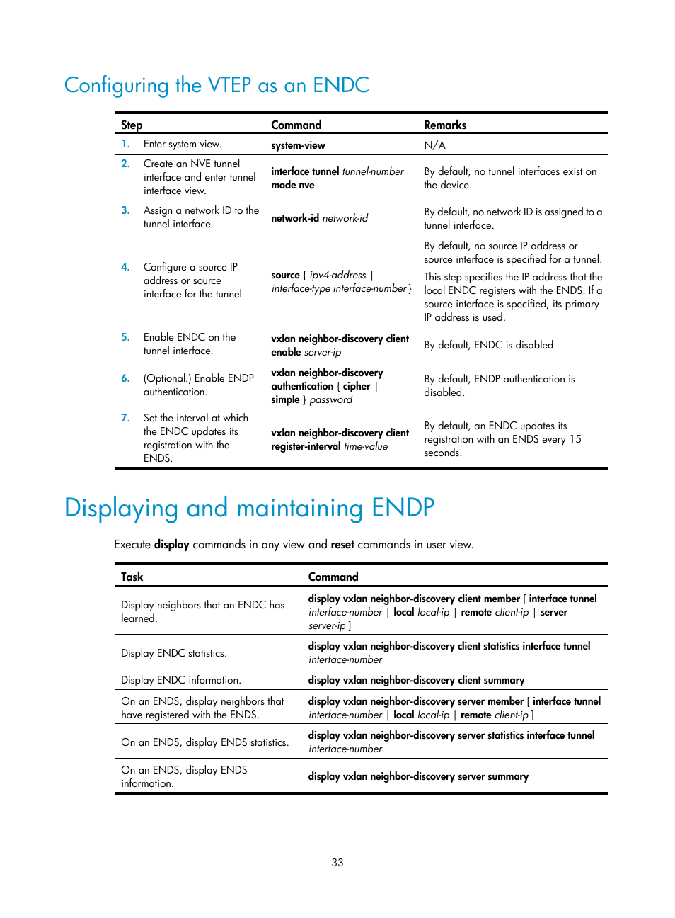 Configuring the vtep as an endc, Displaying and maintaining endp | H3C Technologies H3C S12500-X Series Switches User Manual | Page 40 / 95