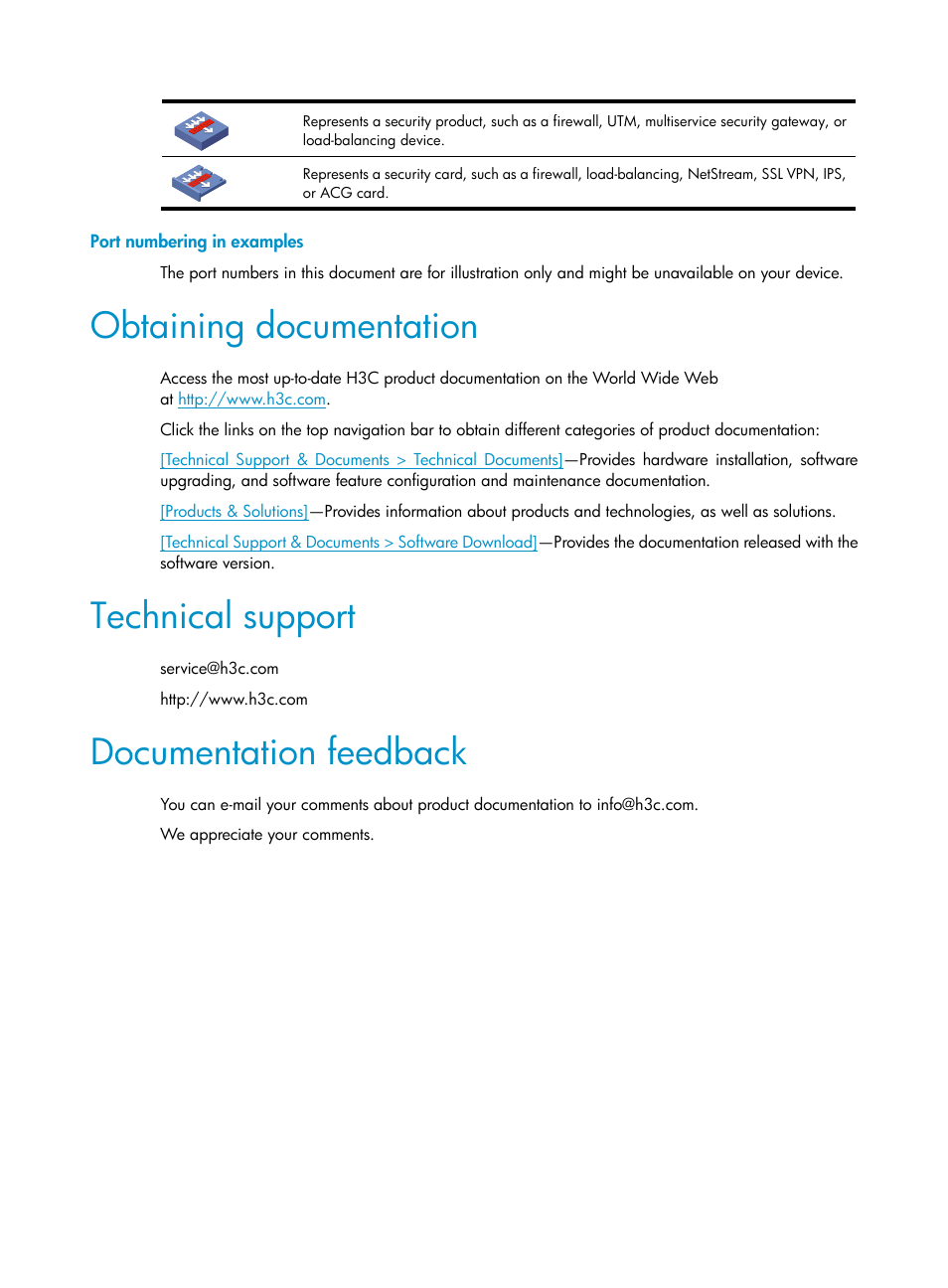 Port numbering in examples, Obtaining documentation, Technical support | Documentation feedback | H3C Technologies H3C S12500-X Series Switches User Manual | Page 5 / 95