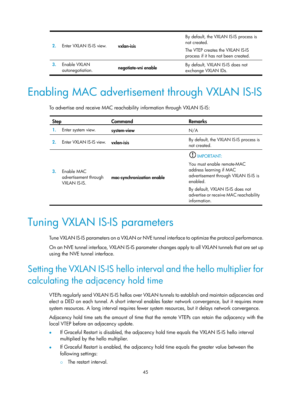 Enabling mac advertisement through vxlan is-is, Tuning vxlan is-is parameters, Required.) | H3C Technologies H3C S12500-X Series Switches User Manual | Page 52 / 95