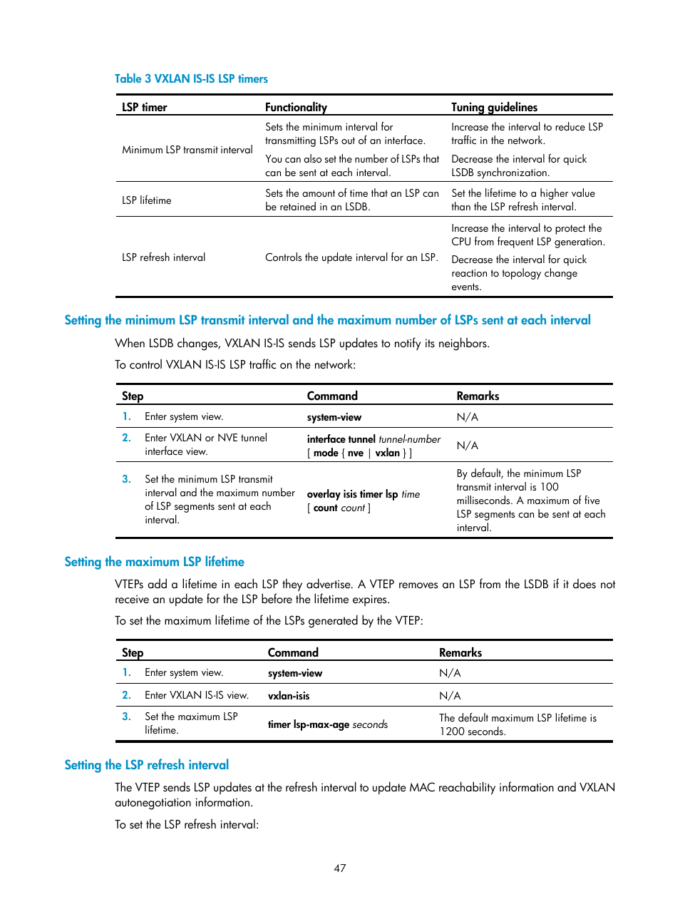Setting the maximum lsp lifetime, Setting the lsp refresh interval | H3C Technologies H3C S12500-X Series Switches User Manual | Page 54 / 95