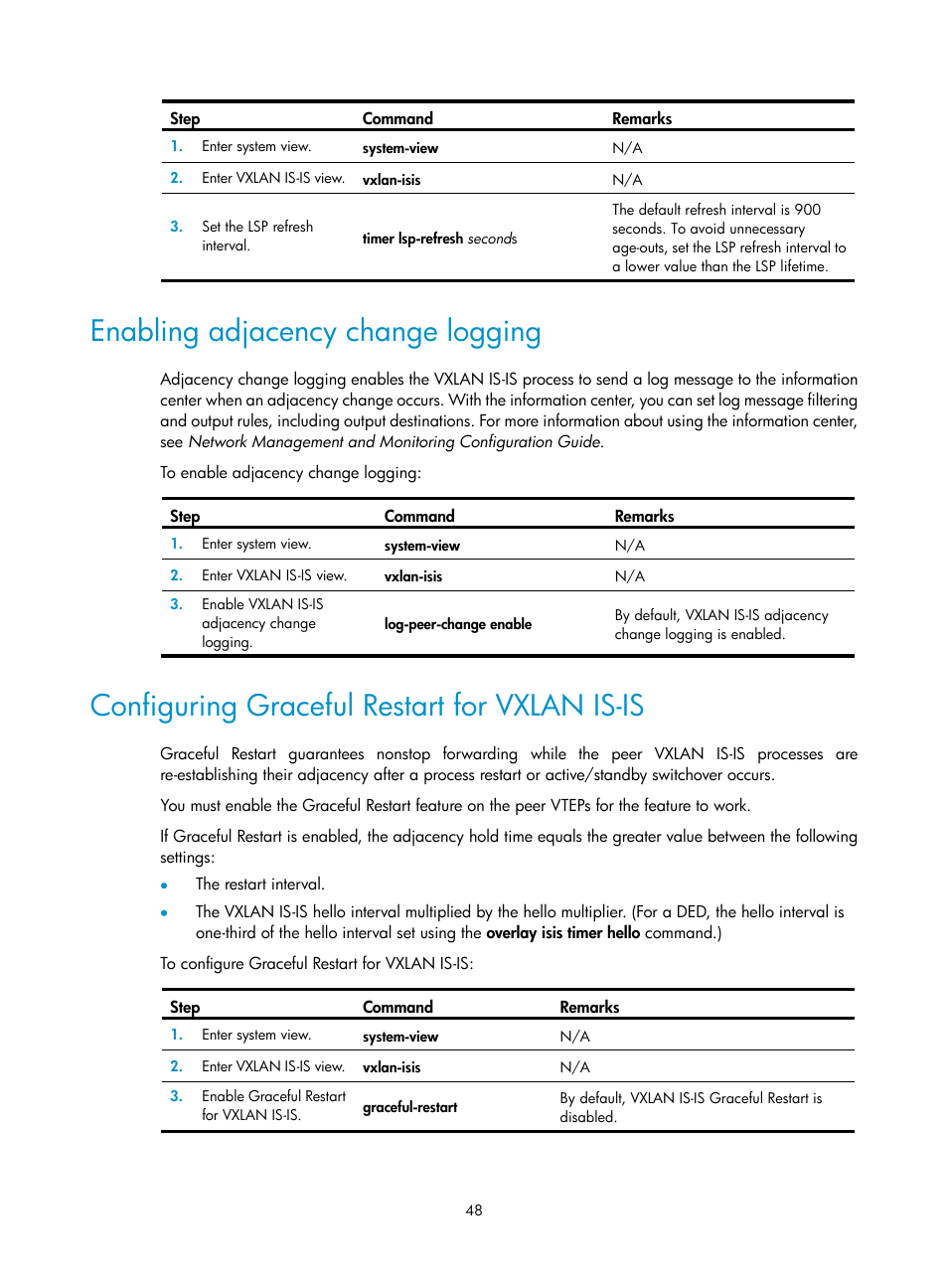 Enabling adjacency change logging, Configuring graceful restart for vxlan is-is | H3C Technologies H3C S12500-X Series Switches User Manual | Page 55 / 95