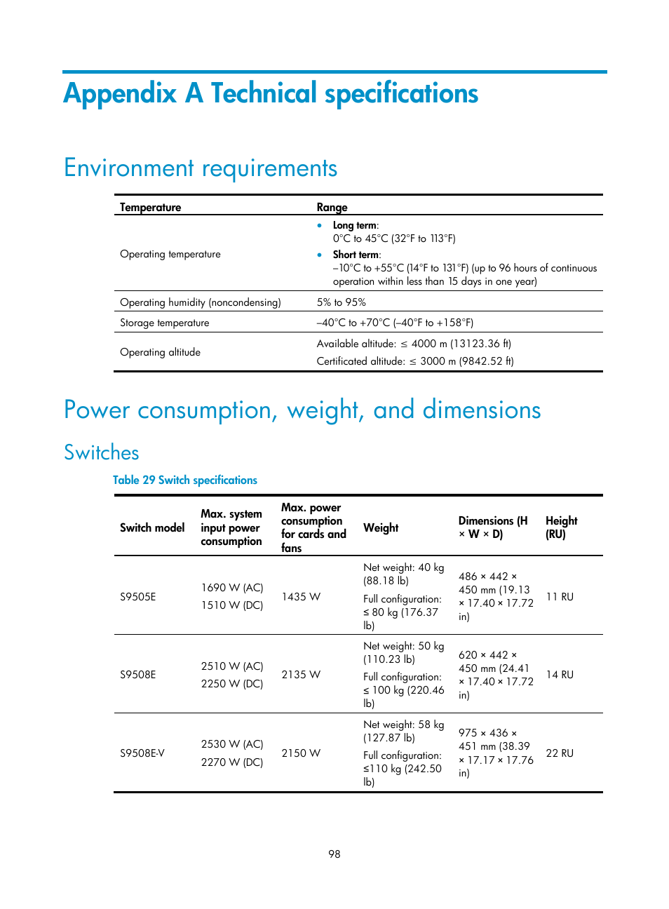 Appendix a technical specifications, Environment requirements, Power consumption, weight, and dimensions | Switches | H3C Technologies H3C S9500E Series Switches User Manual | Page 108 / 154