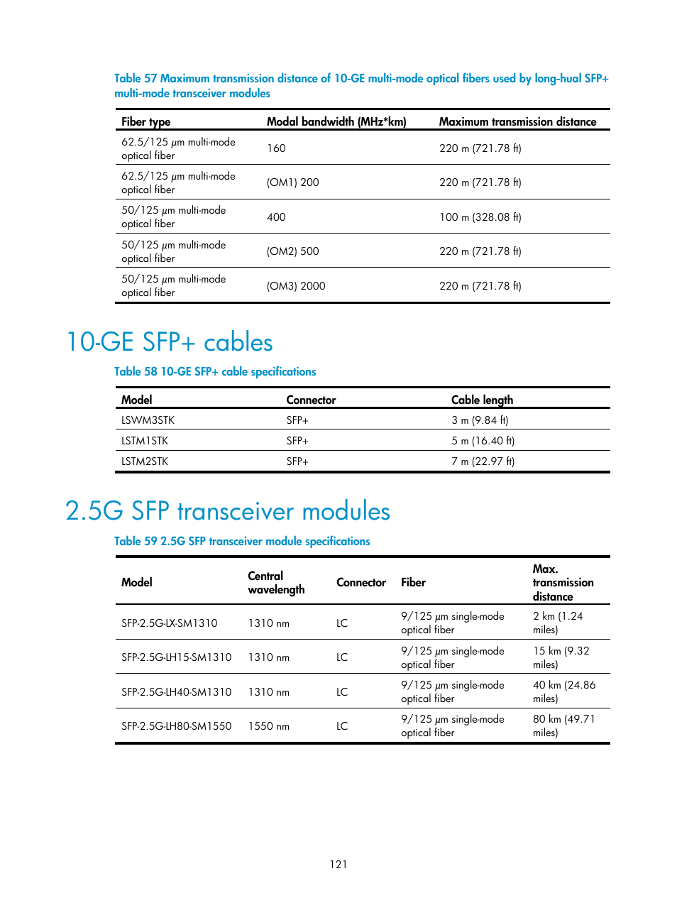 Ge sfp+ cables, 5g sfp transceiver modules, Table 57 | H3C Technologies H3C S9500E Series Switches User Manual | Page 131 / 154