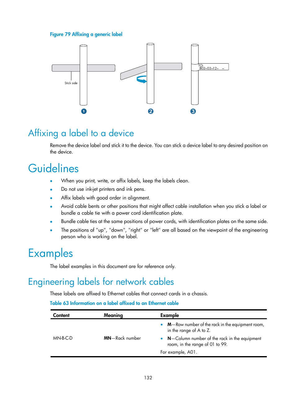 Affixing a label to a device, Guidelines, Examples | Engineering labels for network cables | H3C Technologies H3C S9500E Series Switches User Manual | Page 142 / 154