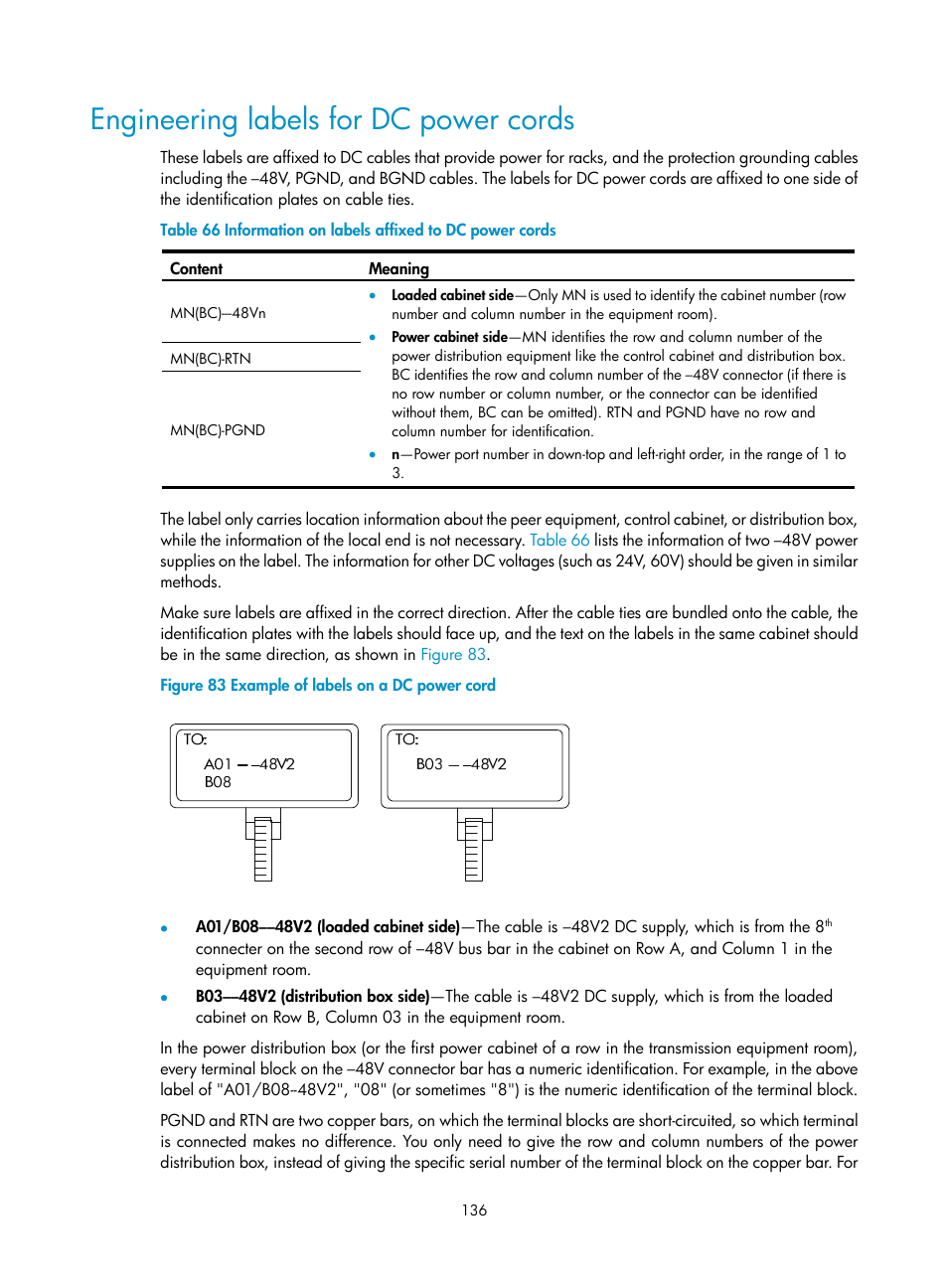 Engineering labels for dc power cords | H3C Technologies H3C S9500E Series Switches User Manual | Page 146 / 154