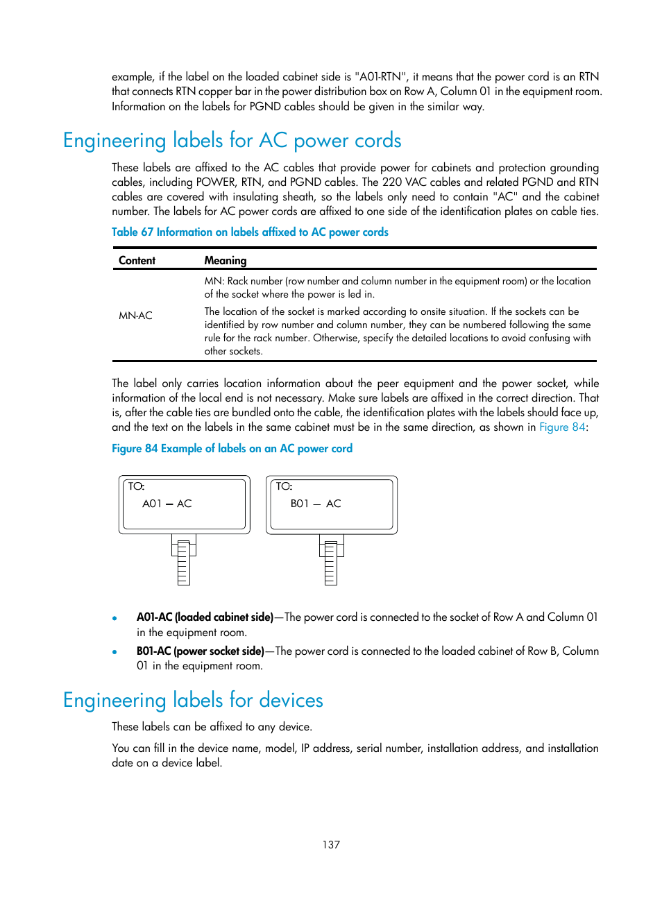 Engineering labels for ac power cords, Engineering labels for devices | H3C Technologies H3C S9500E Series Switches User Manual | Page 147 / 154