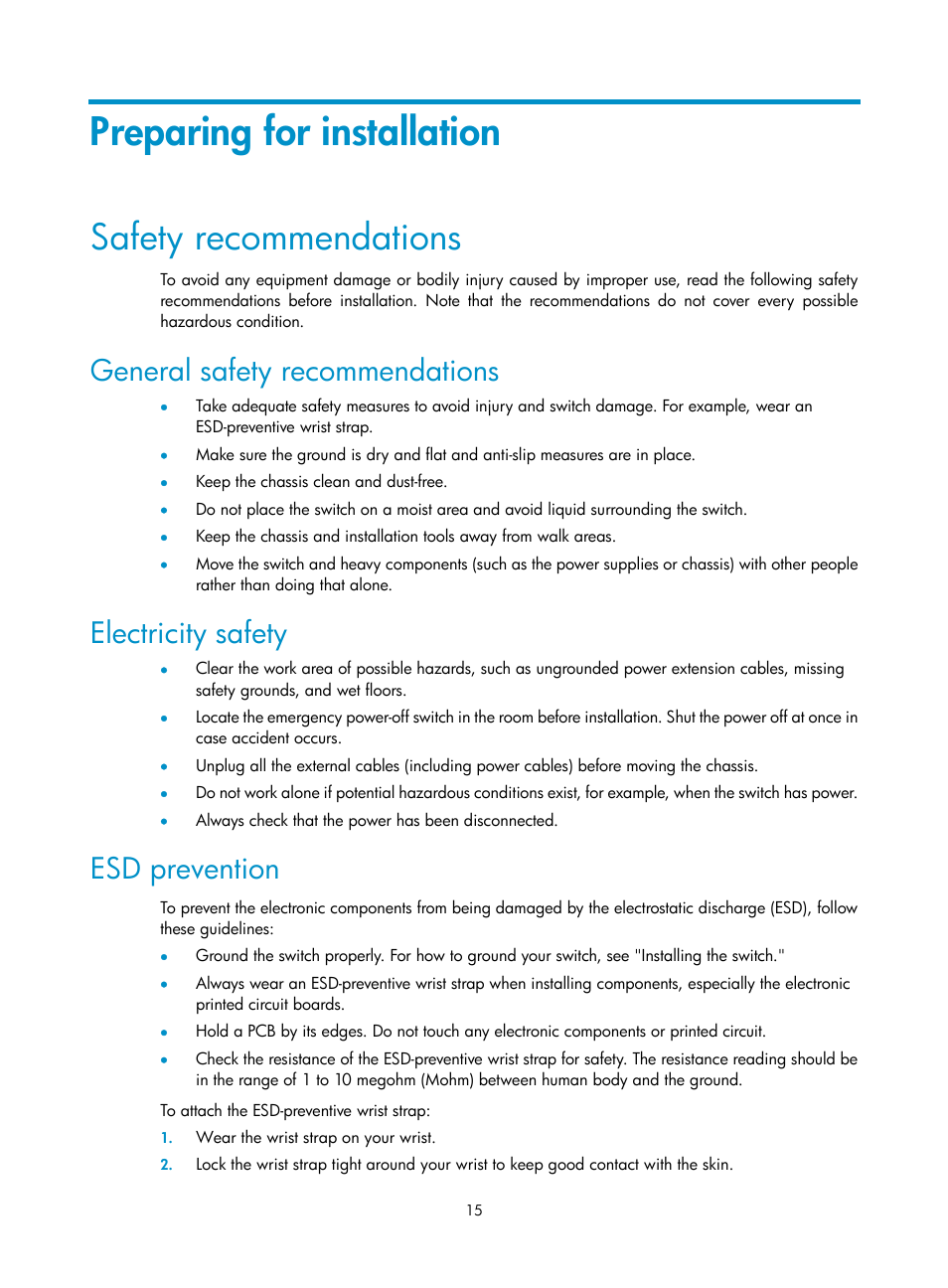 Preparing for installation, Safety recommendations, General safety recommendations | Electricity safety, Esd prevention | H3C Technologies H3C S9500E Series Switches User Manual | Page 25 / 154