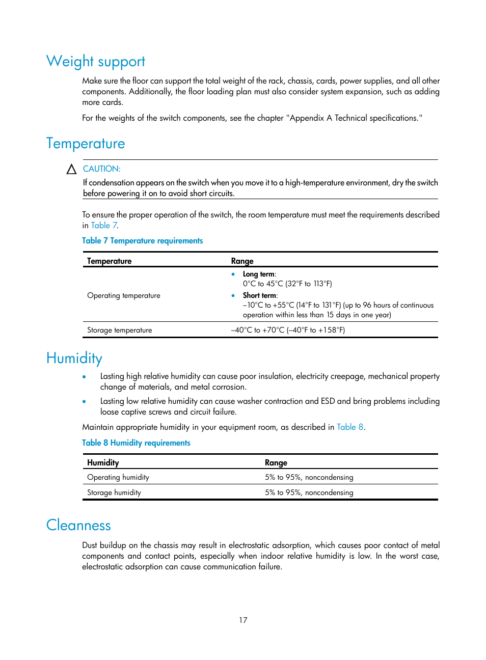 Weight support, Temperature, Humidity | Cleanness | H3C Technologies H3C S9500E Series Switches User Manual | Page 27 / 154