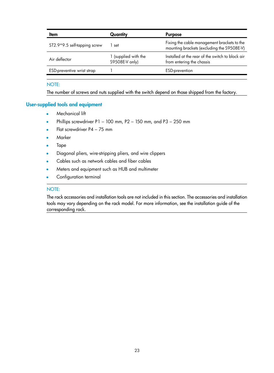 User-supplied tools and equipment | H3C Technologies H3C S9500E Series Switches User Manual | Page 33 / 154